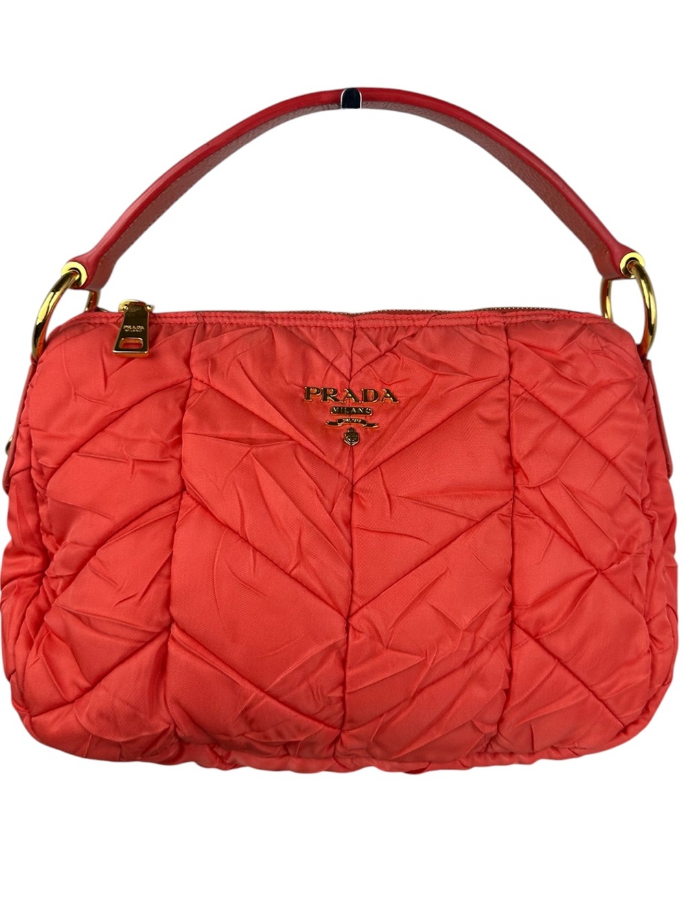 Prada Coral Orange Tessuto Gaufre Ruched Nylon Shoulder Bag Gold Hardware Rare